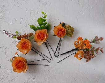 Orange floral hair pin, orange wedding hair piece, floral hair comb