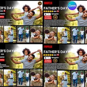 Dadflix編集可能テンプレート、父の日おめでとうテンプレート、父の日のギフト、お父さんフレーム、Dadflix、映画ポスターCanvaテンプレート、父の愛、