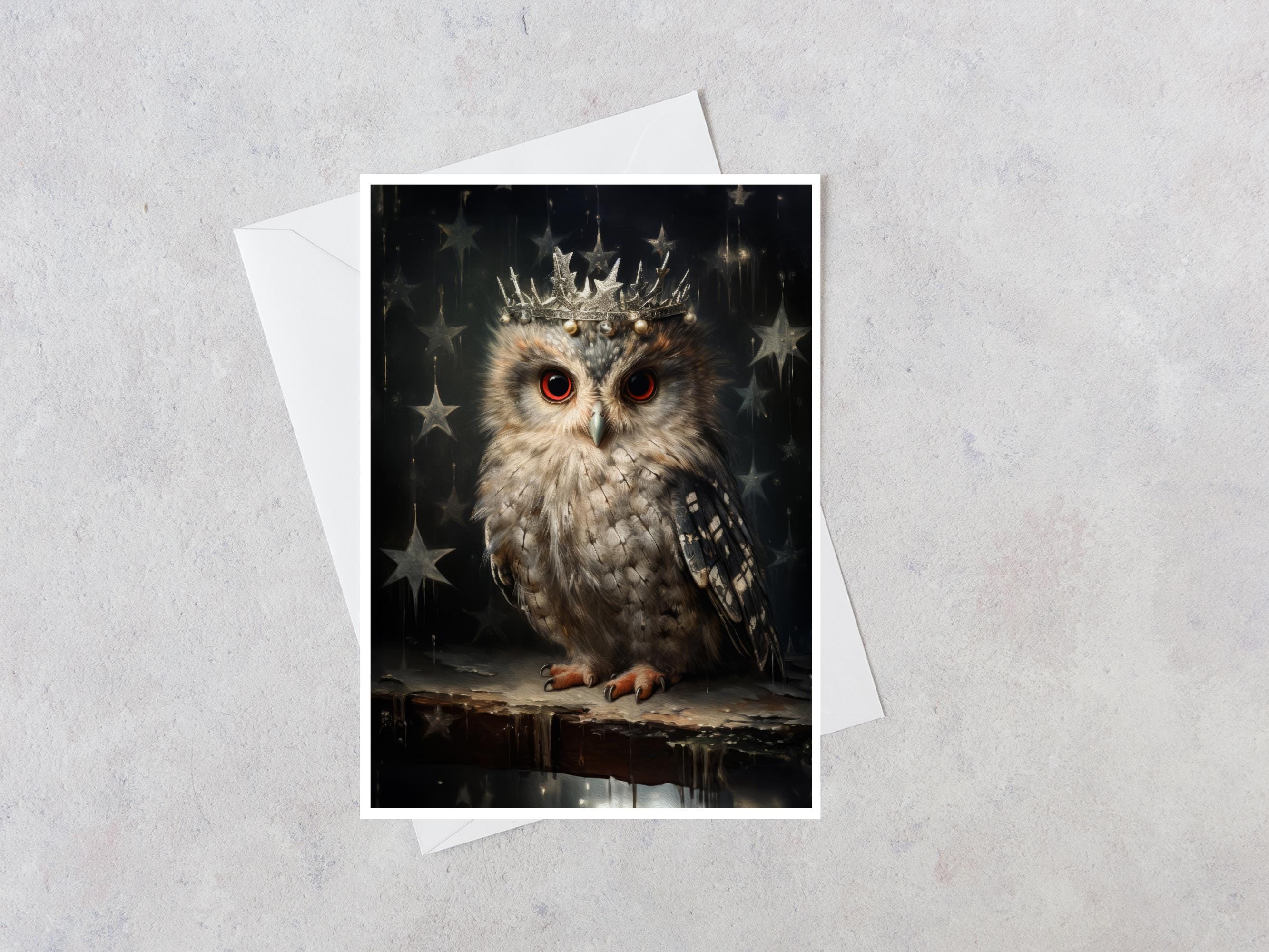 Owl Crown Greeting Card | Whimsical Owl Art Card | Celestial Owl Greeting Card | Woodland Owl Card |