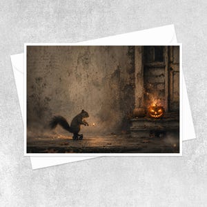 May include: A greeting card featuring a brown squirrel on roller skates holding a lit match. Beside the squirrel, a glowing jack-o'-lantern sits on the steps of a weathered building. The scene is set against a dark, textured wall with faint script.