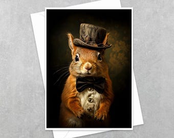 Victorian Squirrel Greeting Card | Dapper Squirrel in Top Hat | Woodland Animal Card | Whimsical Storybook Note Card | Blank Card 18AS