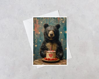 Funny Birthday Card, Bear with Raspberry Cake, Whimsical Animal Greeting, Vintage Style Gift for Animal Lover 102AS