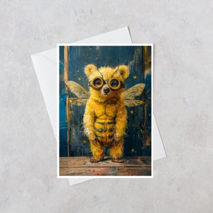 Bee Bear Greeting Card | Cute Bear in Bumblebee Costume | Whimsical Bee Bear Art | Woodland Animal Card | Blank Note Card JC312