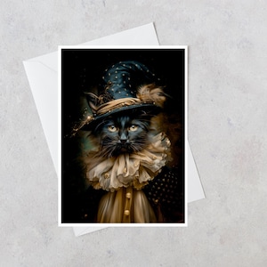 May include: A greeting card featuring a black cat wearing a dark blue pointed hat with gold stars and a ruffled beige collar. The cat has bright yellow eyes and is set against a dark background, presented on a plain white envelope.