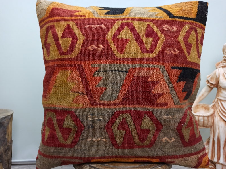 16x16 Vintage Pillow Case Bohemian Kilim Pillow Accent Kilim Lumbar Boho Sham Cover Decorative Turkish Kilim Pillow AK00330