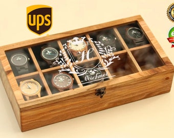 Boîte de rangement en bois massif pour montres 4/6/8/10/12 pour hommes avec plateau en verre et bois Boîte à montres personnalisée faite main en bois de noyer