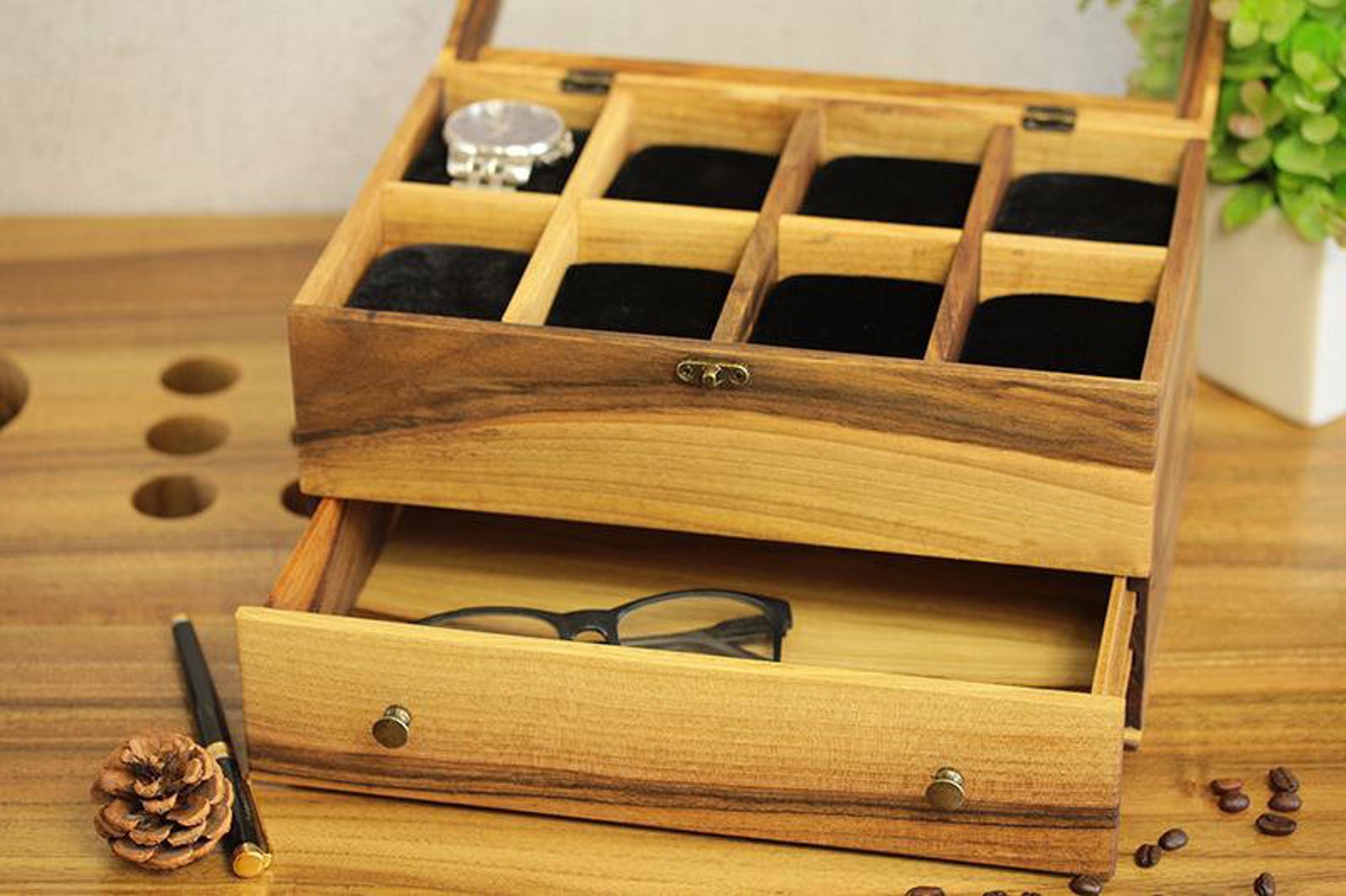 Watch Box for Men With Drawer and Wooden Lid Watch Case for Etsy