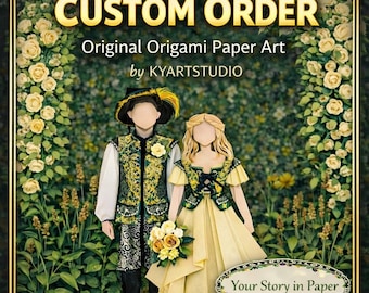 May include: Custom order original origami paper art by KYARTSTUDIO featuring two faceless figures in formal attire. One figure wears a green patterned vest and dark trousers, the other a yellow gown with a green bodice. Text reads Your Story in Paper.
