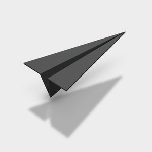 Op de afbeelding: Een zwart papieren vliegtuig in de vlucht met een schaduw eronder.