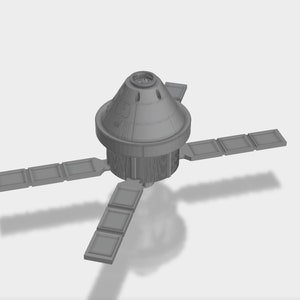 May include: A gray model of a satellite with a round, domed top and four rectangular solar panels extending out from the sides.