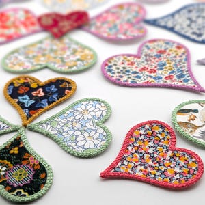 Liberty Fabric Heart Patch - Embroidered Applique, Iron‑On / Sew‑On / Stick‑On, Heart Badge, Cute Craft Embellishment, Personalised Gift Tag image 8
