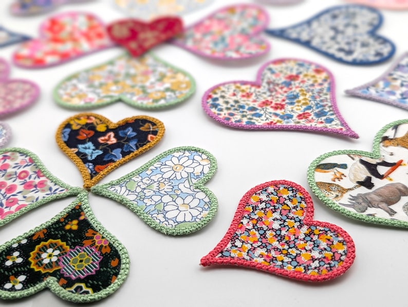 Liberty Fabric Heart Patch - Embroidered Applique, Iron‑On / Sew‑On / Stick‑On, Heart Badge, Cute Craft Embellishment, Personalised Gift Tag image 8