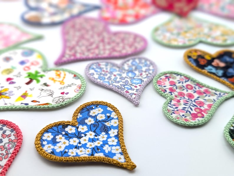 Liberty Fabric Heart Patch - Embroidered Applique, Iron‑On / Sew‑On / Stick‑On, Heart Badge, Cute Craft Embellishment, Personalised Gift Tag image 1