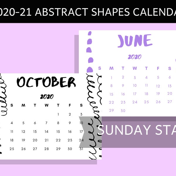 Colorful Abstract Calendar 2020-21 | Sunday start | June 2020 - Dec 2021 | 11x8.5 in | Printable download