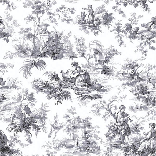 White & Gray Toile Style Cotton Quilt Fabric By The Yard