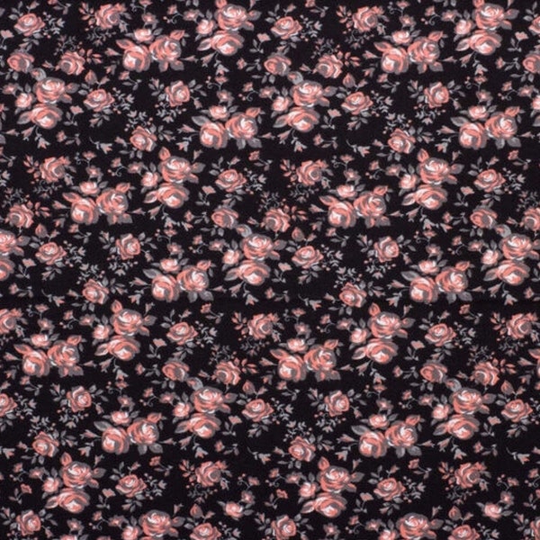 Rose Print Pink on Black Flannel Cotton  Fabric By The Yard