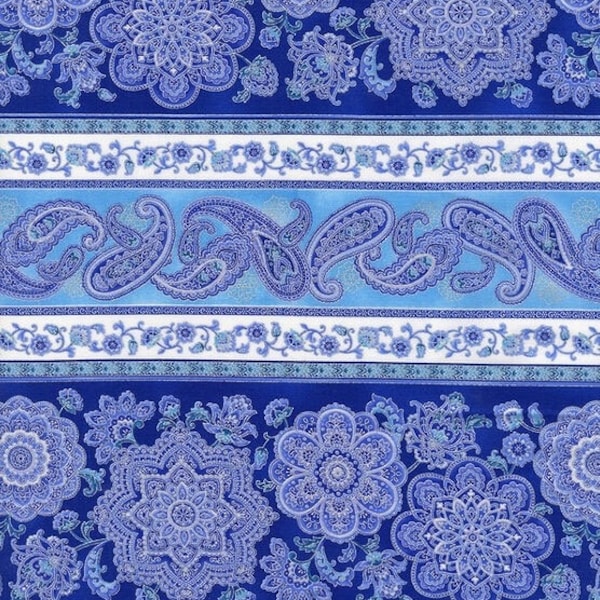 Hi Fashion Blue Metallic Floral Striped Medallions Premium Cotton Quilting Fabric By The Yard