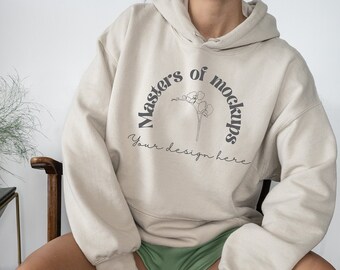 Gildan Sand Hoodie Mockup, Minimal Hoody Mock, Womens Beige Sweater Mock Up, Jumper stock photo, autumn winter clothing