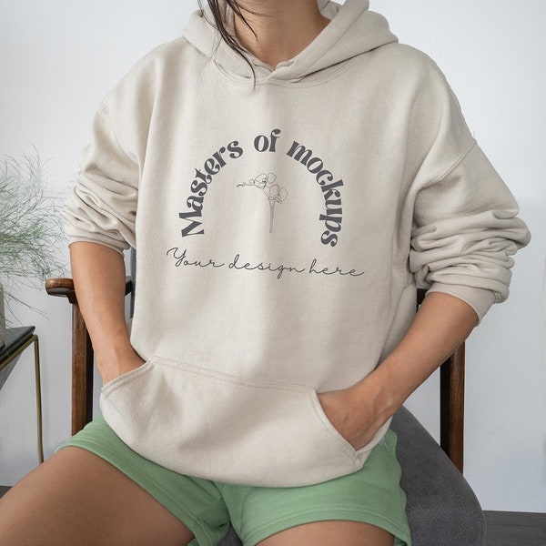 Gildan Sand Hoodie Mockup, Boho Sweatshirt Mock, Unisex Beige Sweater Mock Up, Jumper stock photo, autumn winter clothing