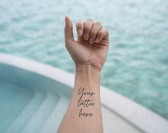 Tattoo Wrist Mockup, Calming Ocean Wrist and Hand Mock Up, Minimal and simple, blue pool background