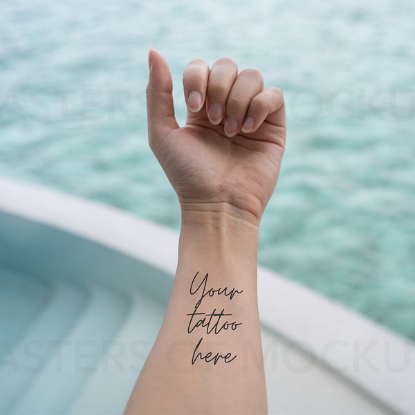 Tattoo Wrist Mockup, Calming Ocean Wrist and Hand Mock Up, Minimal and simple, blue pool background