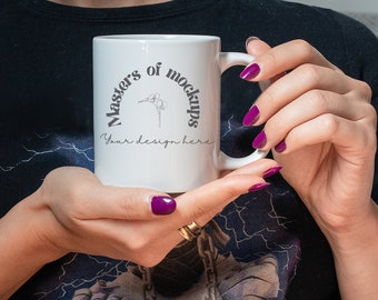 Coffee Mug Mockup Hand Held, Model in Black Rock Tshirt Mockup, Stylish Fashion Mug Stock Photo