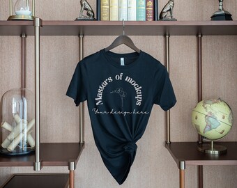Black Knotted Tshirt Mockup, Bella Canvas Tshirt Mock, Globetrotter, Tied Tshirt on hanger, World Traveller clothing mock, art deco, walnut