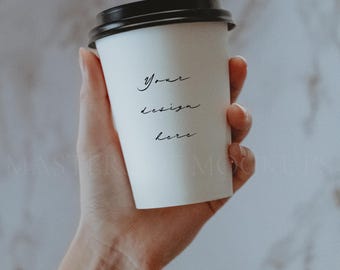 Coffee Cup Mockup, White Paper Cup Mockup, Hand Holding Takeaway Cup Stock Photo