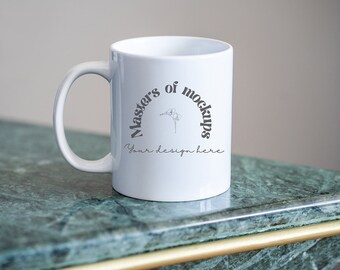 Plain 11 oz Mug Mock Up, White coffee mug on green marble table, lifestyle styled stock photo for your store