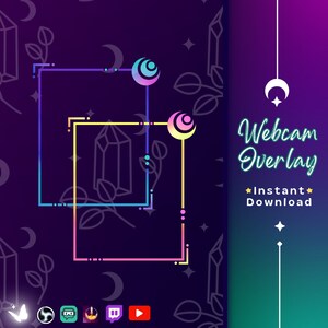 May include: A purple and blue background with a neon pink, yellow, and blue frame. The frame is a double frame with a smaller frame inside a larger frame. The text "Webcam Overlay" is in white with a teal outline. The text "Instant Download" is in white with a gold star on either side. There are various icons at the bottom of the image.