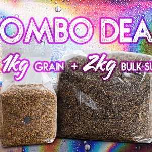 May include: Combo deal for mushroom growing featuring 1 kg of grain and 2 kg of bulk substrate in clear plastic bags.
