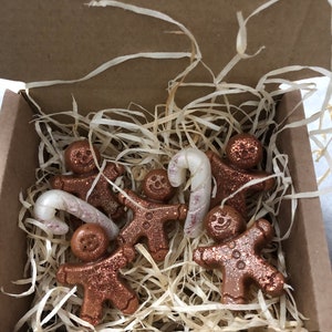 May include: A box filled with brown paper shreds containing six small gingerbread man-shaped ornaments and two white candy cane ornaments.