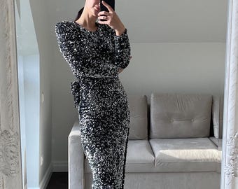 Silver Sequin Evening Dress: Detachable Ribbon, Stretchy Velvet