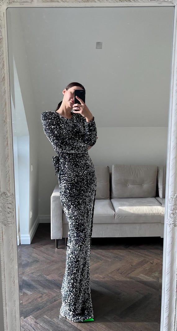 Silver Sequin Evening Dress: Detachable Ribbon, Stretchy Velvet
