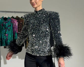 Sequin Blouse: Wide Shoulder Velvet Top - Silver or Black
