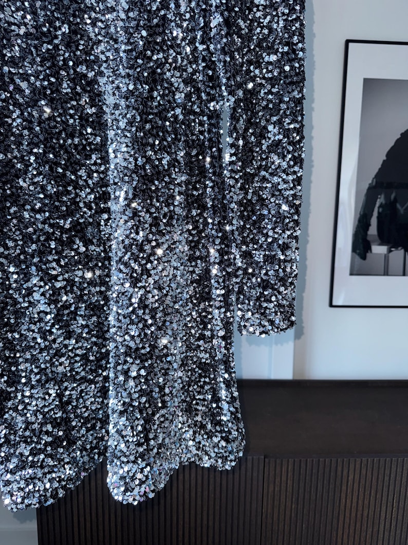 May include: A black dress covered in silver sequins. The long-sleeved dress has a high neckline and a slightly flared skirt. The sequins catch the light, creating a shimmering effect. The dress is hanging against a white wall.