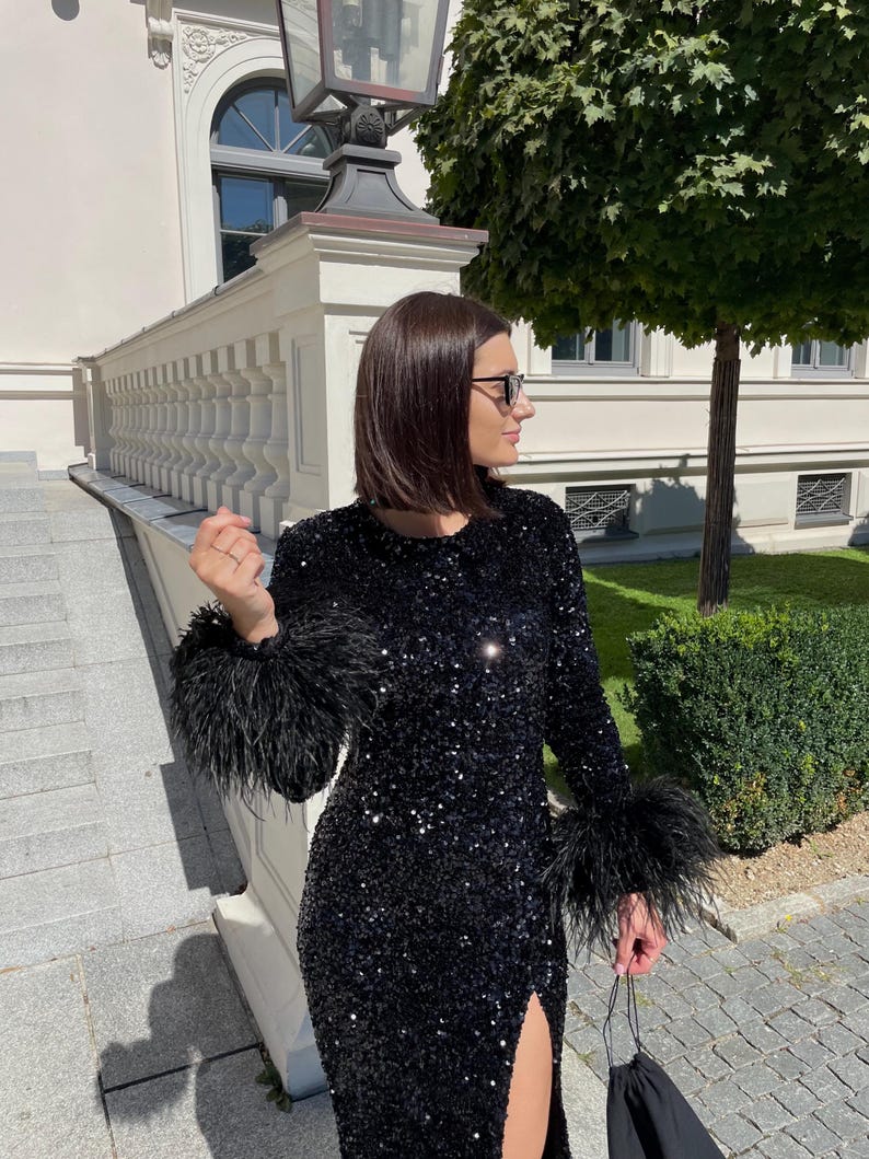 Silver Sequin Evening Dress: Detachable Ribbon, Stretchy Velvet image 9