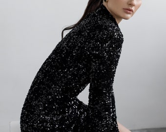 Sequin Mini Party Dress: Stretchy Velvet, Silver, Black, Emerald