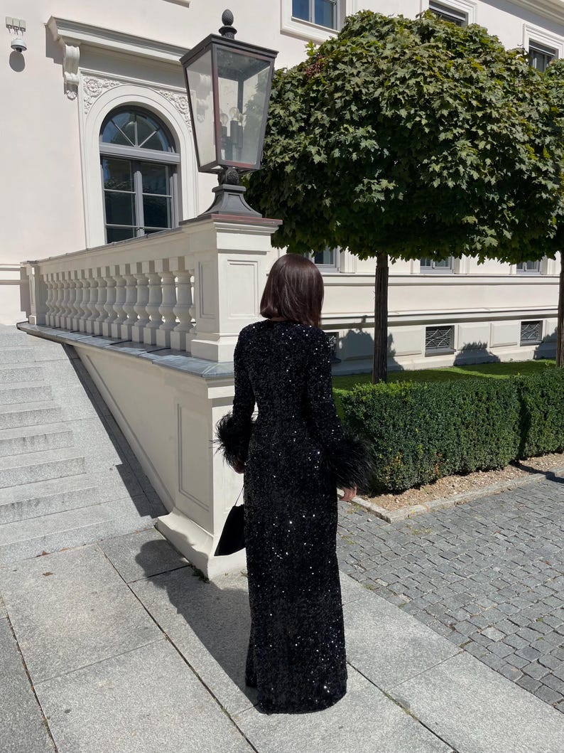 Silver Sequin Evening Dress: Detachable Ribbon, Stretchy Velvet image 8