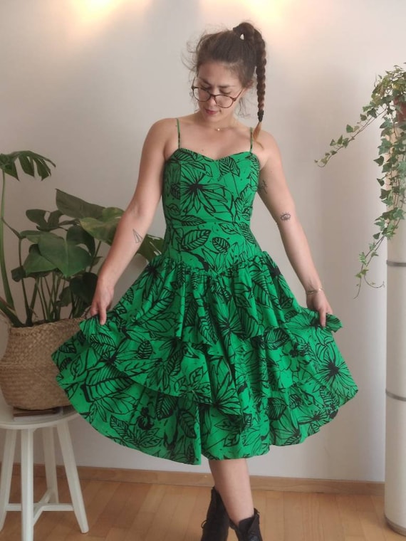 Vintage 80s Designer Dress/ Summer/ Floral Green D