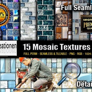 May include: A set of 15 seamless mosaic tile textures in various colors and patterns. The textures are 1024 x 1024 pixels and are available in PNG format. The image also shows a worker installing tiles on a wall.