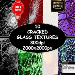 May include: A collage of 10 different cracked glass textures. Each texture is 2000x2000 pixels and 300 dpi. The textures are in various colors, including black, white, red, green, blue, and purple.