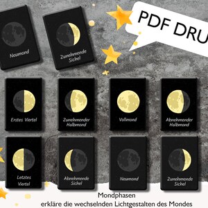 Flashcards de fases da lua Montessori para impressão, fases da lua, flashcards infantis, flashcards de fases da lua