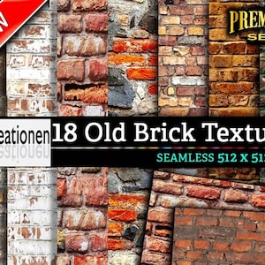 Könnte beinhalten: Ein Set mit 18 nahtlosen alten Ziegeltexturen, jede mit einer Größe von 512 x 512 Pixel. Die Texturen zeigen verschiedene Ziegel Farben, darunter Rot, Braun und Grau, und weisen Spuren von Alter und Abnutzung auf. Die Texturen sind ideal für den Einsatz in digitaler Kunst, Design und 3D-Modellierung.
