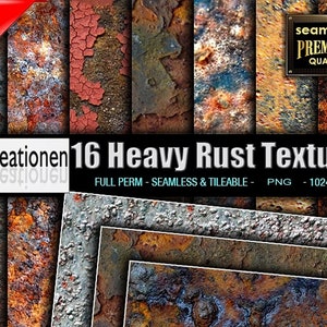 Peut inclure: 16 textures de rouille épaisses, sans couture et tuilables, au format PNG, chacune mesurant 1024 x 1024 pixels. Les textures présentent différentes nuances de brun, d'orange et de rouge, avec un aspect vieilli et rouillé.