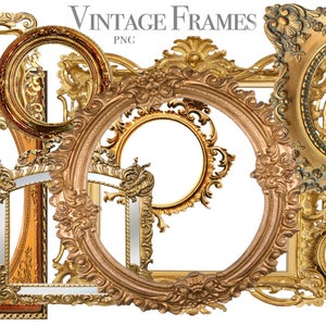 May include: A set of six vintage gold-toned picture frames with ornate details. The frames are arranged in a cluster, with some overlapping. The frames are all different sizes and shapes, and they have a variety of decorative elements, including scrolls, flowers, and leaves.