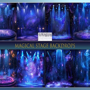 May include: Five digital backdrops featuring a magical, starry night sky with glowing lights and a circular stage. The backdrops are perfect for creating a mystical and enchanting atmosphere for events and performances.