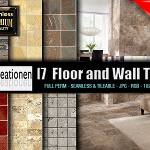 Puede incluir: Una colección de 17 texturas de baldosas de suelo y pared sin costuras y enlosables en formato JPG. Cada baldosa tiene 1024 x 1024 píxeles y presenta una variedad de colores y patrones, incluyendo marrón, beige, gris y rojo.