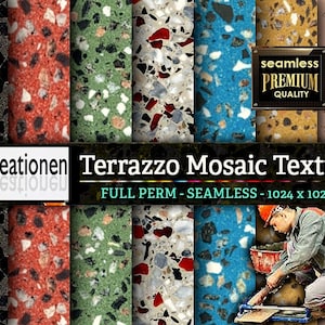 Puede incluir: Un conjunto de ocho texturas digitales sin costuras que presentan varios patrones de terrazo en diferentes colores, incluidos el negro, el rojo, el verde, el blanco, el azul, el marrón y el rosa. Las texturas son de 1024 x 1024 píxeles y están etiquetadas como "Terrazzo Mosaic Textures".