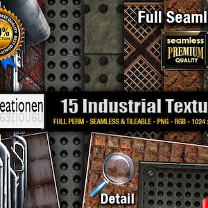 May include: A collection of 15 industrial textures, featuring seamless, tileable patterns in a variety of metallic and rusty finishes. The textures are 1024 x 1024 pixels in size and are available in PNG format. The image shows a variety of textures, including metal, rust, and concrete. The textures are perfect for use in 3D modeling, game development, and other creative projects.